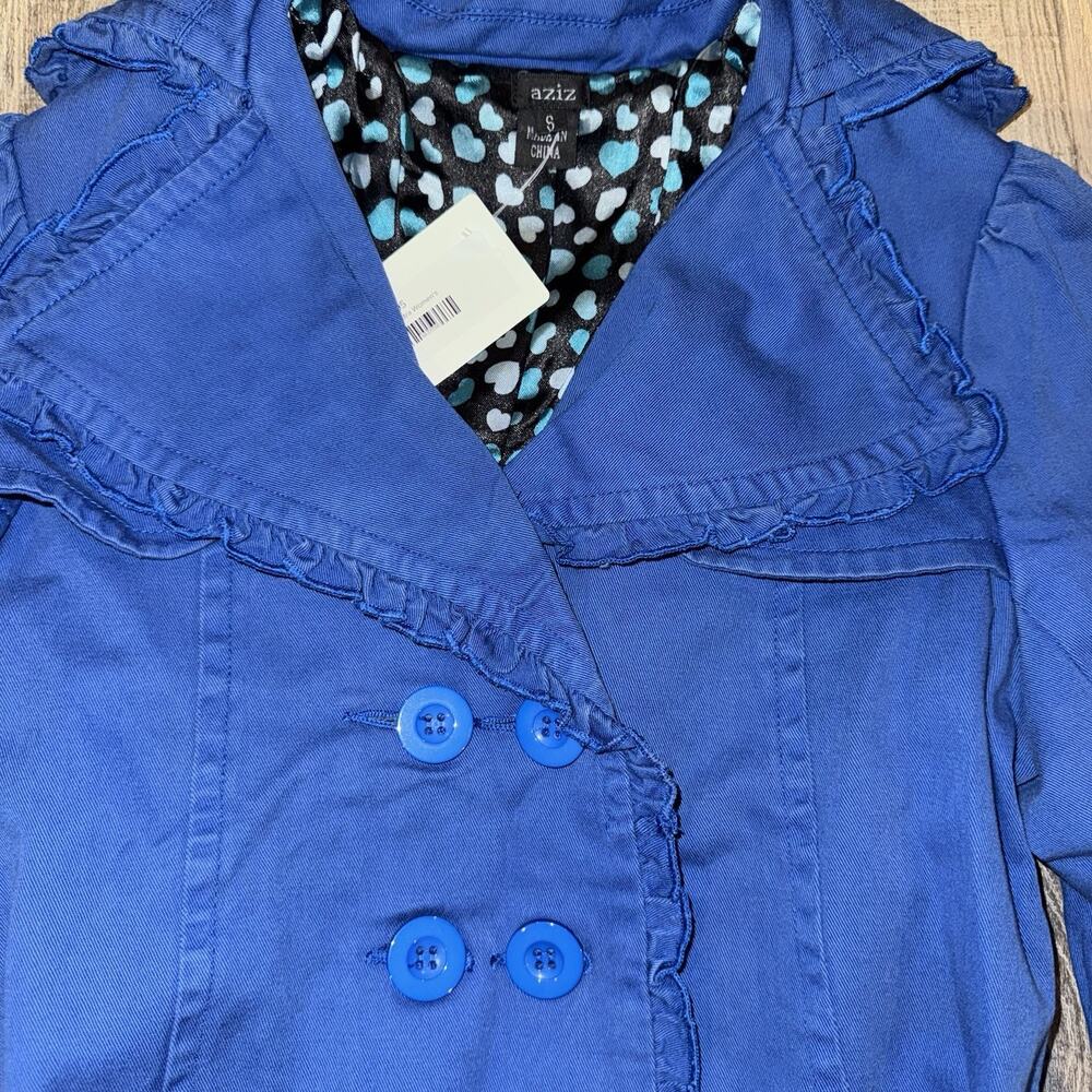 Aziz Women’s Blue Belted Trench Coat Jacket Size Small Ruffle Heart Lining - Picture 2 of 5